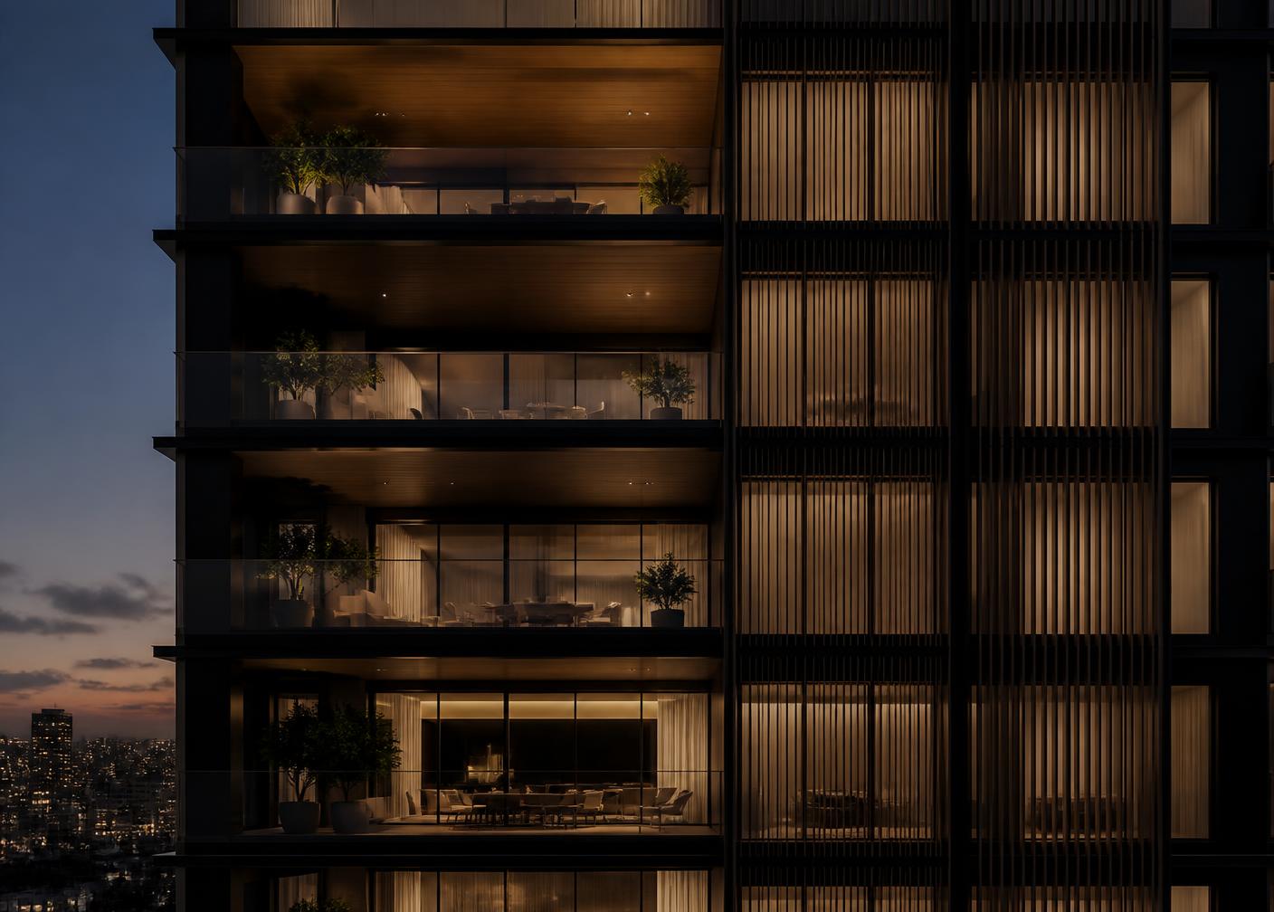 Fachada de empreendimento exclusivo em São Paulo ao anoitecer